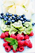 Fresh fruit (blueberries, kiwis, raspberries) with mint leaves