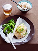 Ginger fish parcels with sesame seed rice