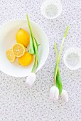 Meyer lemons – a cross between a lemon and an orange – and tulips
