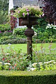 Metal, vintage, urn-style planter on plinth in flowerbed