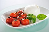 Roasted or fried tomatoes with mozzarella and basil
