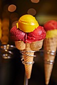 Fruit ice cream in cones in cone holders