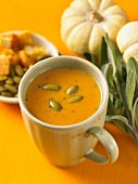 Pumpkin soup with sage and pumpkin seeds
