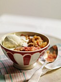 Rhubarb crumble with vanilla ice cream