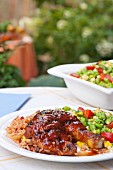 Grilled chicken with bean salad and rice