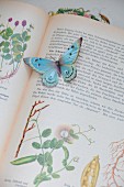 Paper butterfly on open, antiquarian plant book