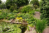 Teich mit Wasserpflanzen, am Uferrand Felssteinen, im Hintergrund gestufter Gartenweg