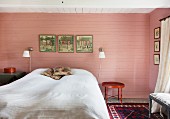 Double bed with white bedspread flanked by sconce lamps on wooden wall painted pink in rustic bedroom
