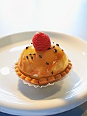 A mini cheesecake in a shortcrust tartlet with a raspberry