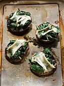 Four baked mushrooms with spinach and Camembert on a baking tray