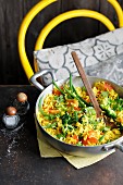 Vegetable pulao with green beans, tomatoes and broccoli