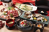Japanese party dishes with beef, udon noodles and sashimi (Japan)