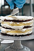 A chef icing a layer cake with frosting