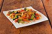 Colourful chicken and vegetable stir fry with rice