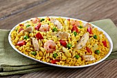 Fried rice with chicken, prawns and vegetables