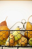 Pears in a wire basket