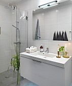 Designer washstand and glass wall screening rainfall shower in minimalist bathroom