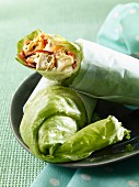 Lettuce wraps filled with tofu, smoked salmon, bean sprouts and chilis