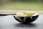 Vanilla and elderflower ice cream in a bowl with a spoon
