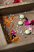 Globuli und Tabletten mit getrockneten Blüten von Ringelblume, Rosen und Lavendel