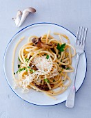 Macaroni with oyster mushrooms and Parmesan cheese