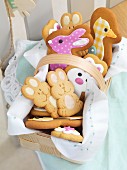 Various Easter biscuits in a wooden basket