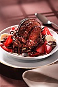 Malted fudge brownie sundae with strawberries and banana