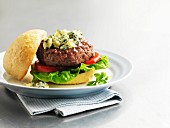 A burger with blue cheese