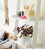 Potted plant and writing utensils on white, ladder-style shelves