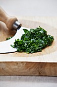 Chopped parsley with a chopping knife on a wooden board