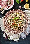 Barley salad with chilli rings and lemon zest