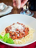 Spaghetti with vegetarian Bolognese and Parmesan cheese