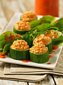 Cucumber canapes filled with chickpea purée
