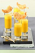 Orange and pumpkin soup shots with scampi
