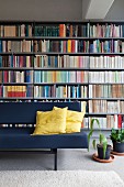 Couch with yellow scatter cushions and house plants on floor in front of bookcase