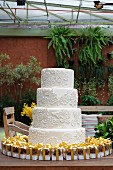 A white, four tier wedding cake with mini boxes of pralines as gifts