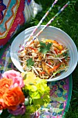 Oriental bean sprout salad with peppers and shiitake mushrooms for a summer party