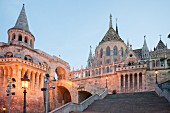 The fishermen's bastion at dusk, constructed between 1895 and 1902 in the neo-romantic style, Budapest, Hungary