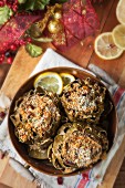 Artichokes with a cranberry and chestnut stuffing for a Christmas