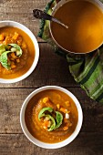 Butternut squash soup with apples and Brussels sprouts