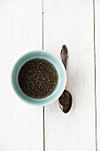Chia seeds in a bowl of water