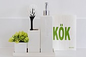 Plant and brush in white containers next to soap dispenser and kitchen roll