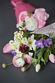 Spring bouquets wrapped in gift wrap