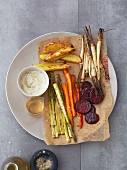 Oven-roasted vegetables with anchovy and caper mayonnaise