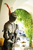 Wasserschloss Mellenthin on the island of Usedom, Mecklenburg-Vorpommern - an old suit of armour at the entrance to the restaurant