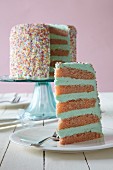 A layer cake with coloured sprinkles for Valentine's Day