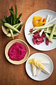 A beetroot dip and raw vegetables