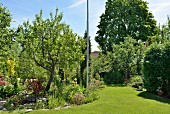 Sonnenbeschienener Garten mit gemähter Wiese, seitlich Teich