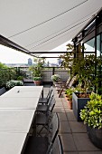 White awning above seating area with row of tables and grey folding chairs on roof terrace with planters