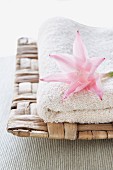 Weiches Handtuch auf Korbschale mit rosa Blüte